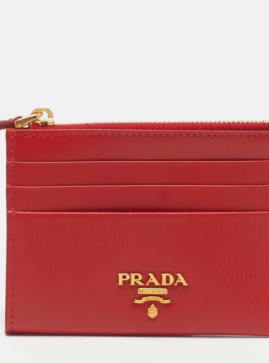 Prada Logo Red Vitello Move Leather Card Holder