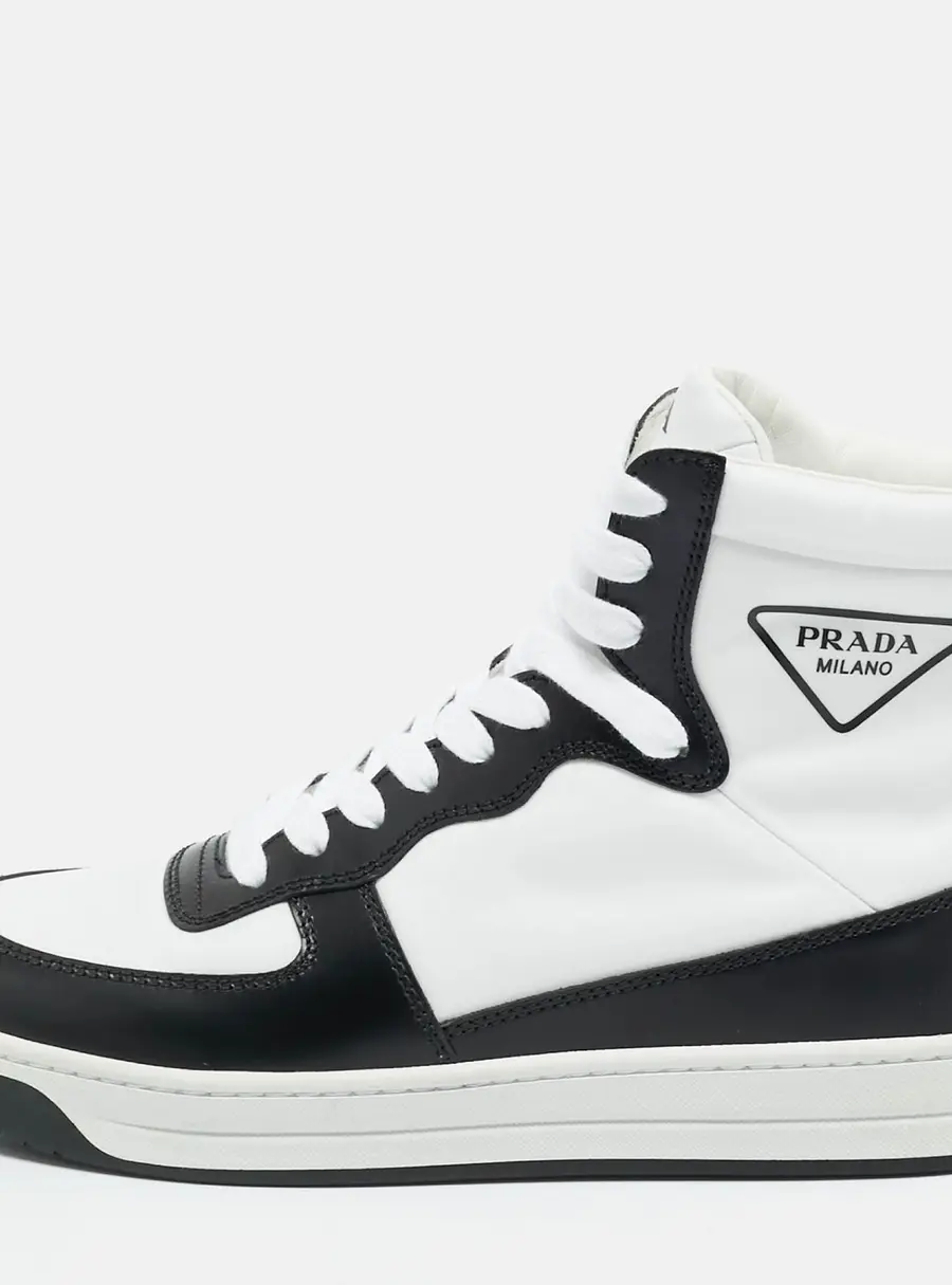 Prada White/Black Leather and Nylon New Avenue High Top Sneakers Size 37.5