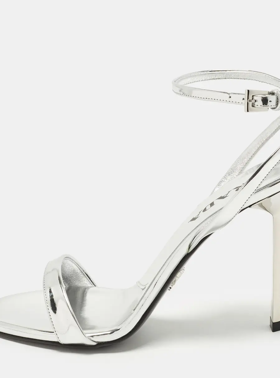 Prada Size 38 Silver Leather Triangle Logo Ankle Strap Sandals