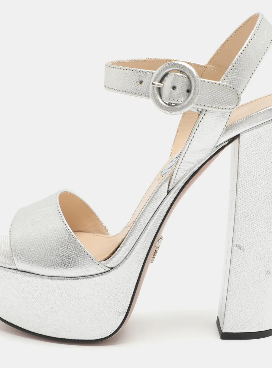 Prada Size 35.5 Silver Leather Platform Ankle Strap Sandals