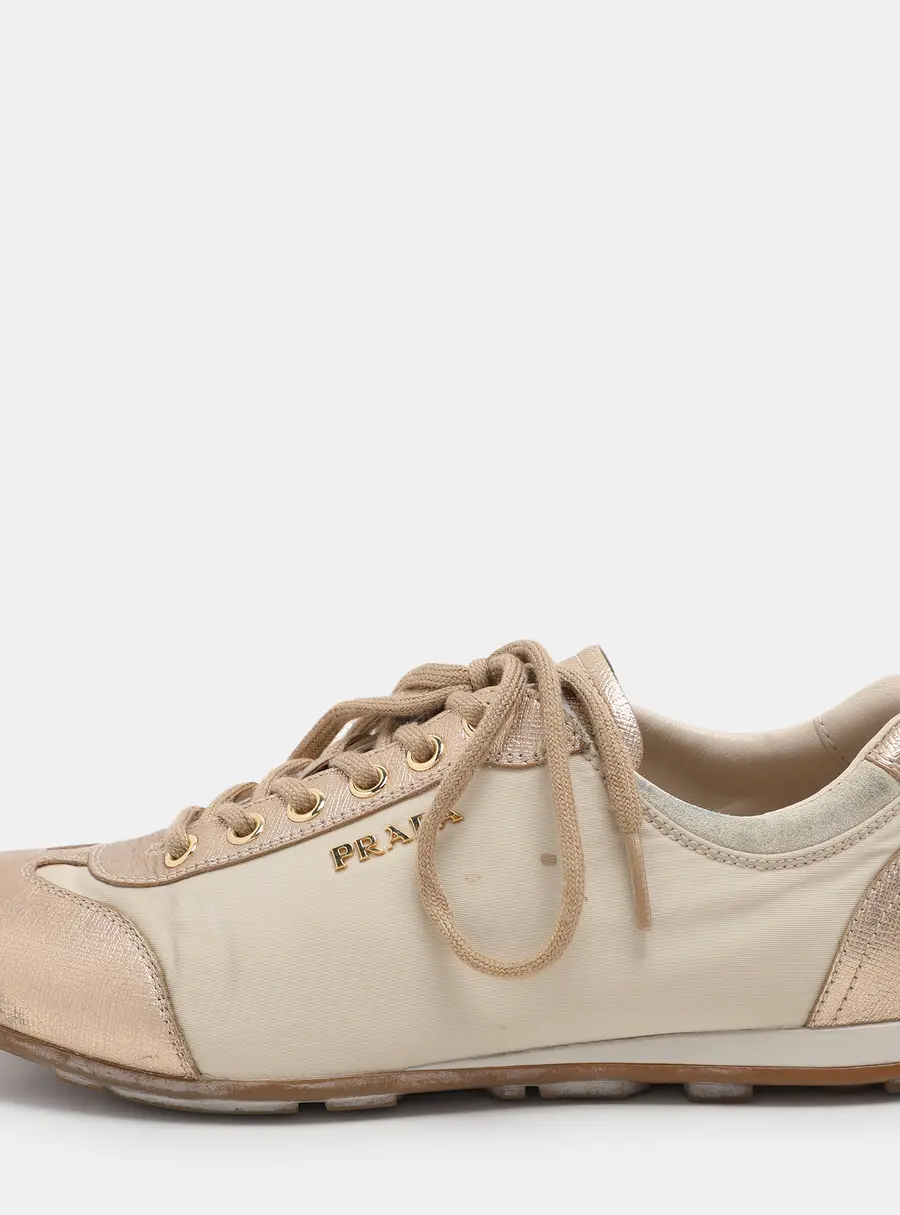 Prada Sport Beige/Gold Leather and Nylon Low Top Sneakers Size 36.5