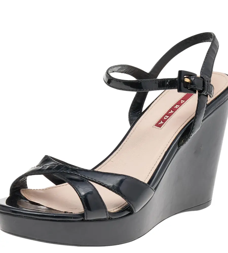 Prada Sport Black Patent Leather Wedge Platform Ankle Strap Sandals Size 38