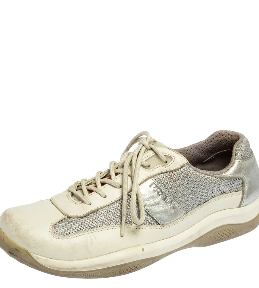 Prada Sport Grey/Silver Leather And Mesh Low Top Sneakers Size 38.5