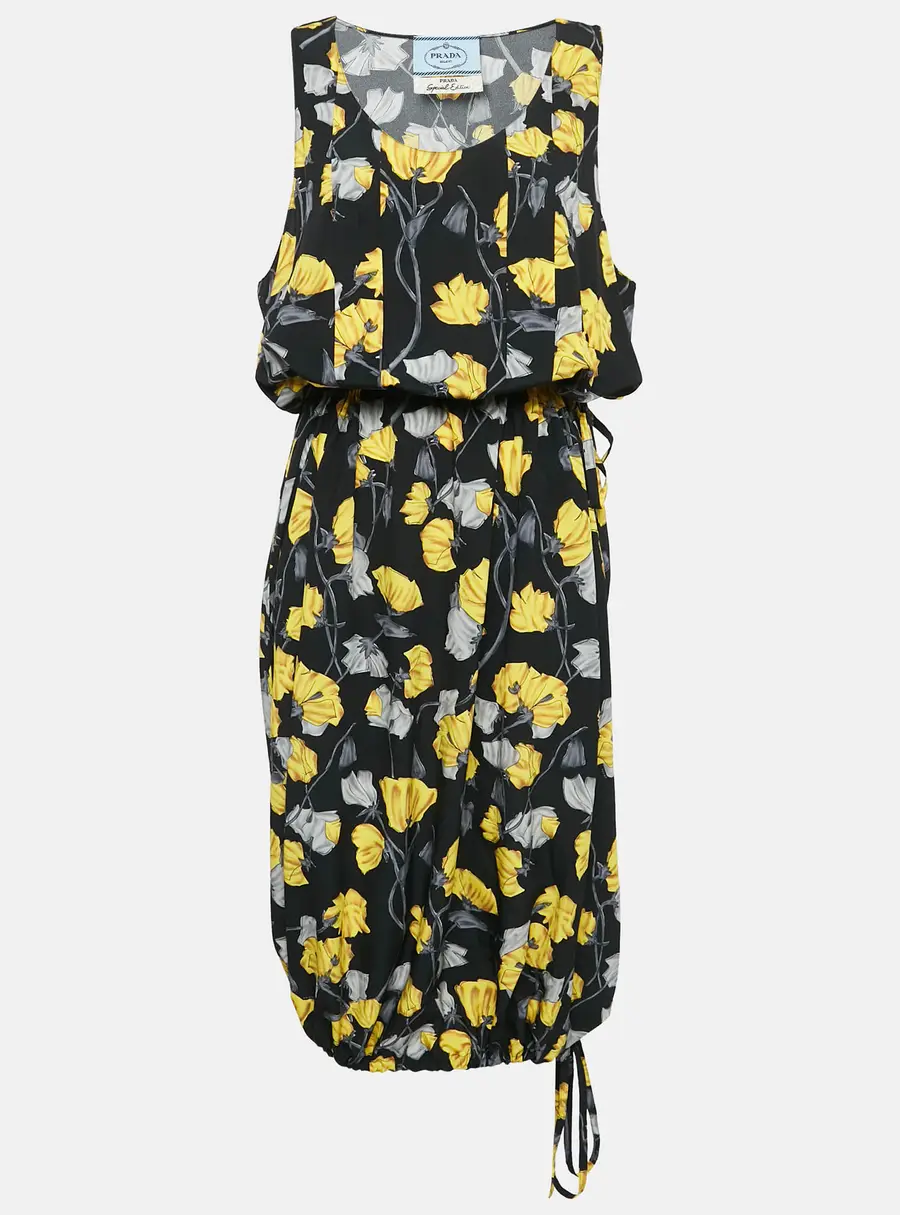 Prada Black Floral Print Silk Sleeveless Adjustable Waist Midi Dress M