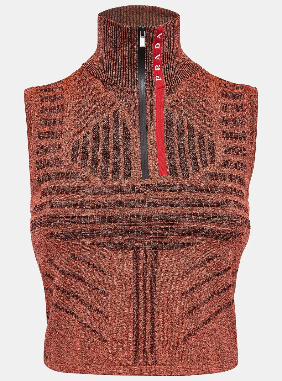 Prada Orange Melange Jersey Zip-Up Sleeveless Top S