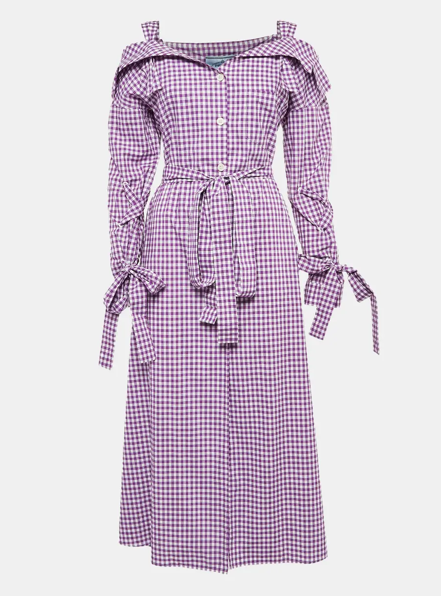 Prada Purple Gingham Cotton Bow Detail Belted Midi Dress M
