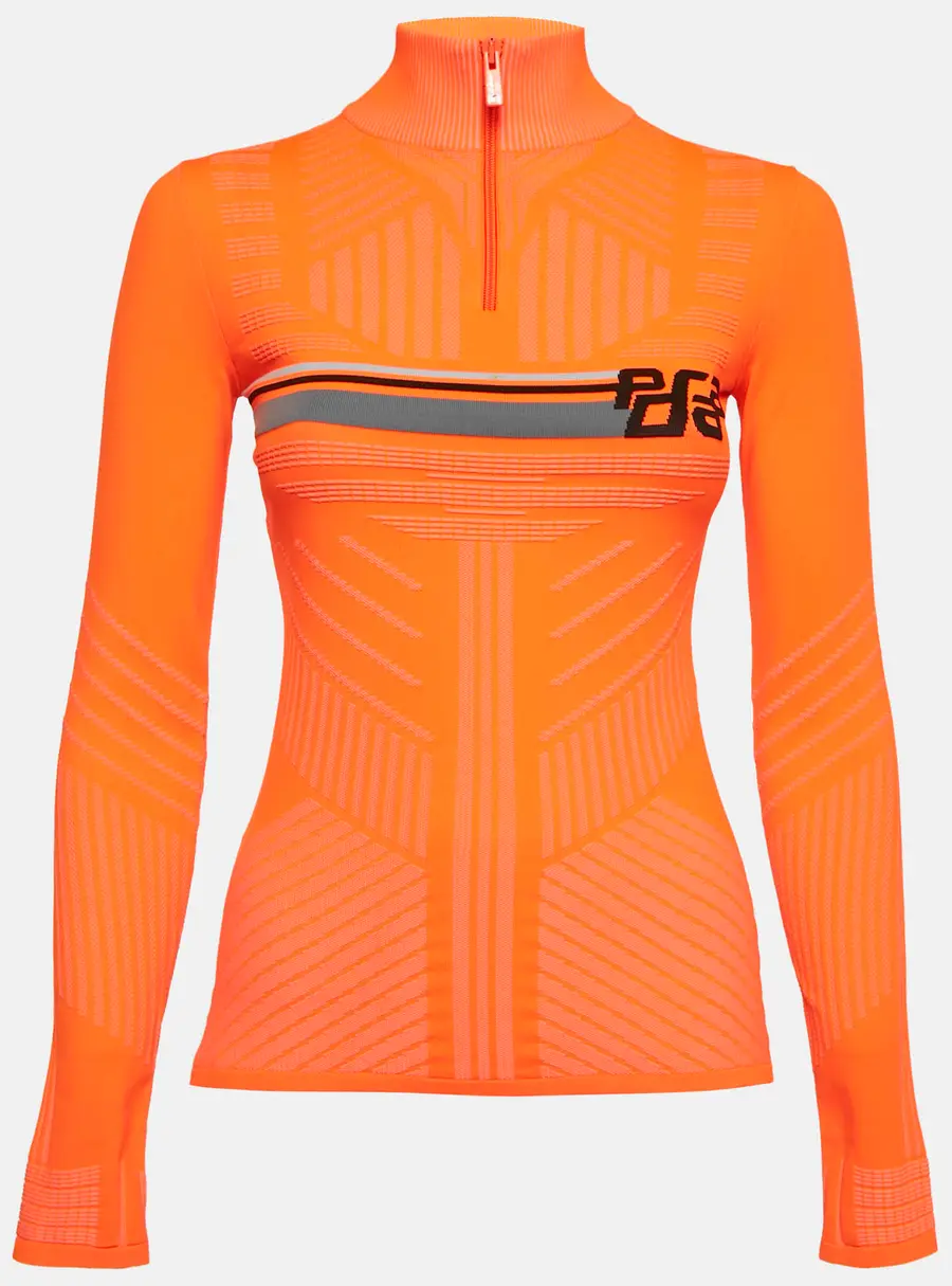 Prada Neon Orange Patterned Jersey High Neck Technical Top M