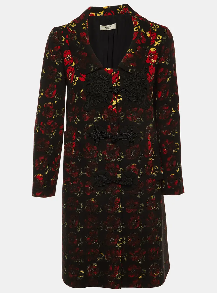 Prada Black Printed Virgin Wool Button Front Coat M