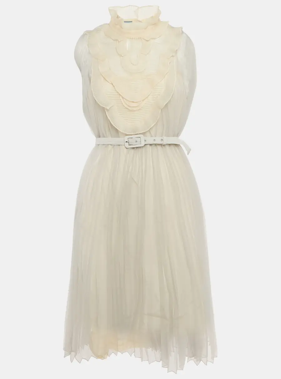 Prada Light Grey Plisse Organza Jabot Detail Dress M
