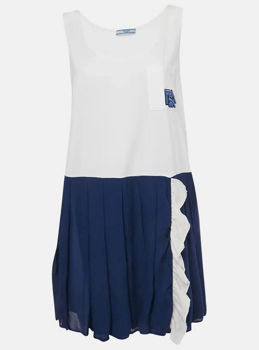 Prada White/Blue Jersey and Silk Sleeveless Mini Dress S
