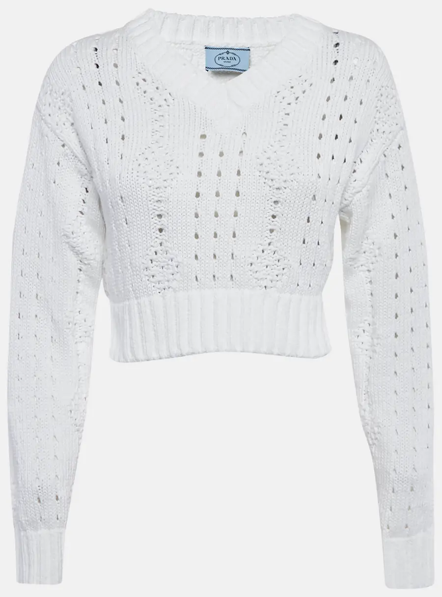 Prada White Open Knit V-Neck Crop Sweater XS