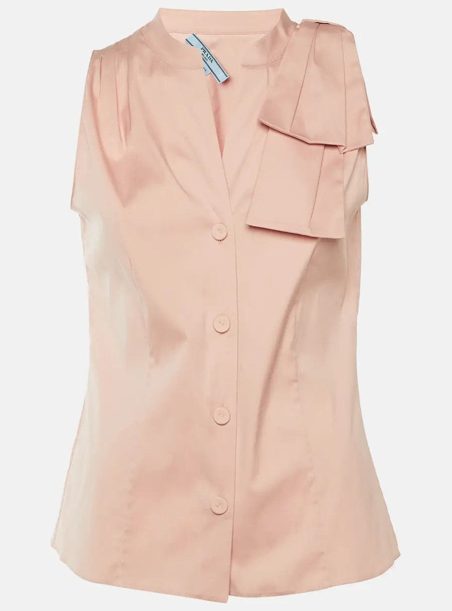 Prada Pink Cotton Bow Detail Sleeveless Blouse M
