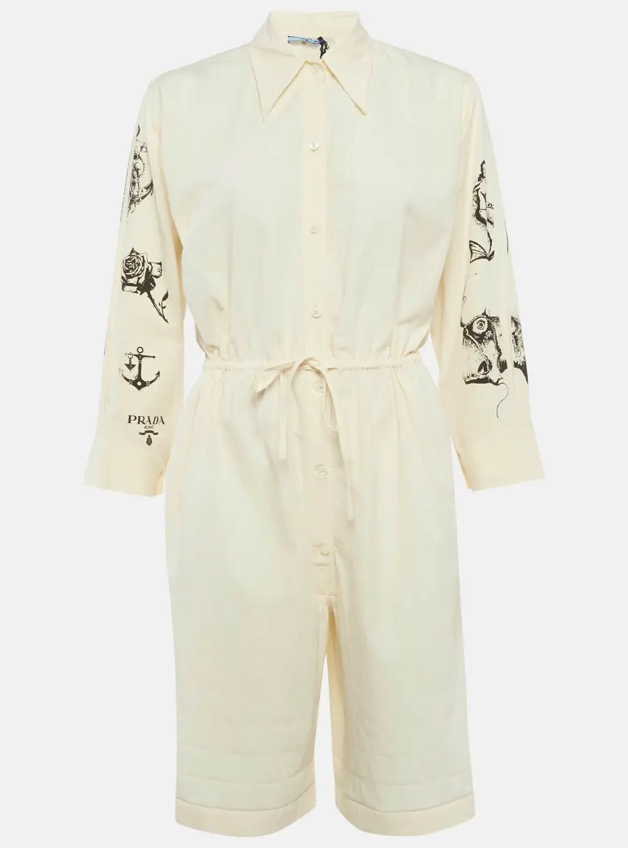 Prada Cream Printed Chambray Canvas Playsuit XS