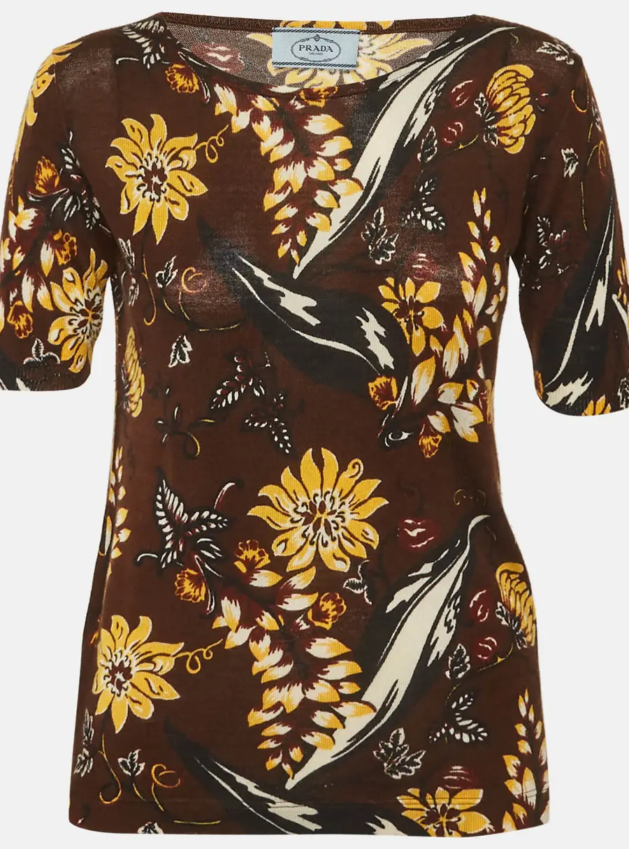 Prada Brown Floral Print Wool Knit Top S