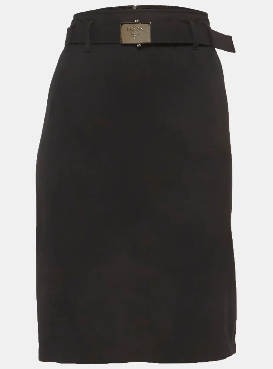 Prada Black Gabardine Belted Pencil Skirt M