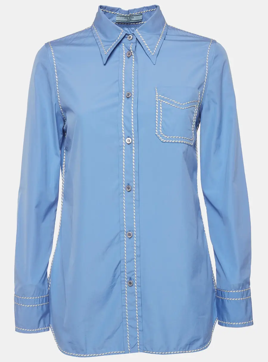 Prada Blue Cotton Contrast Embroidered Long Sleeve Shirt M