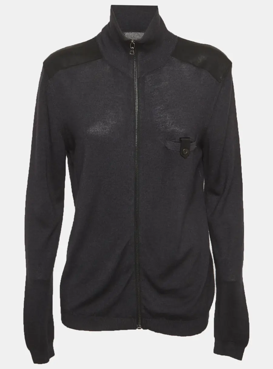 Prada Black Wool & Silk Knit Leather Trim Jacket L