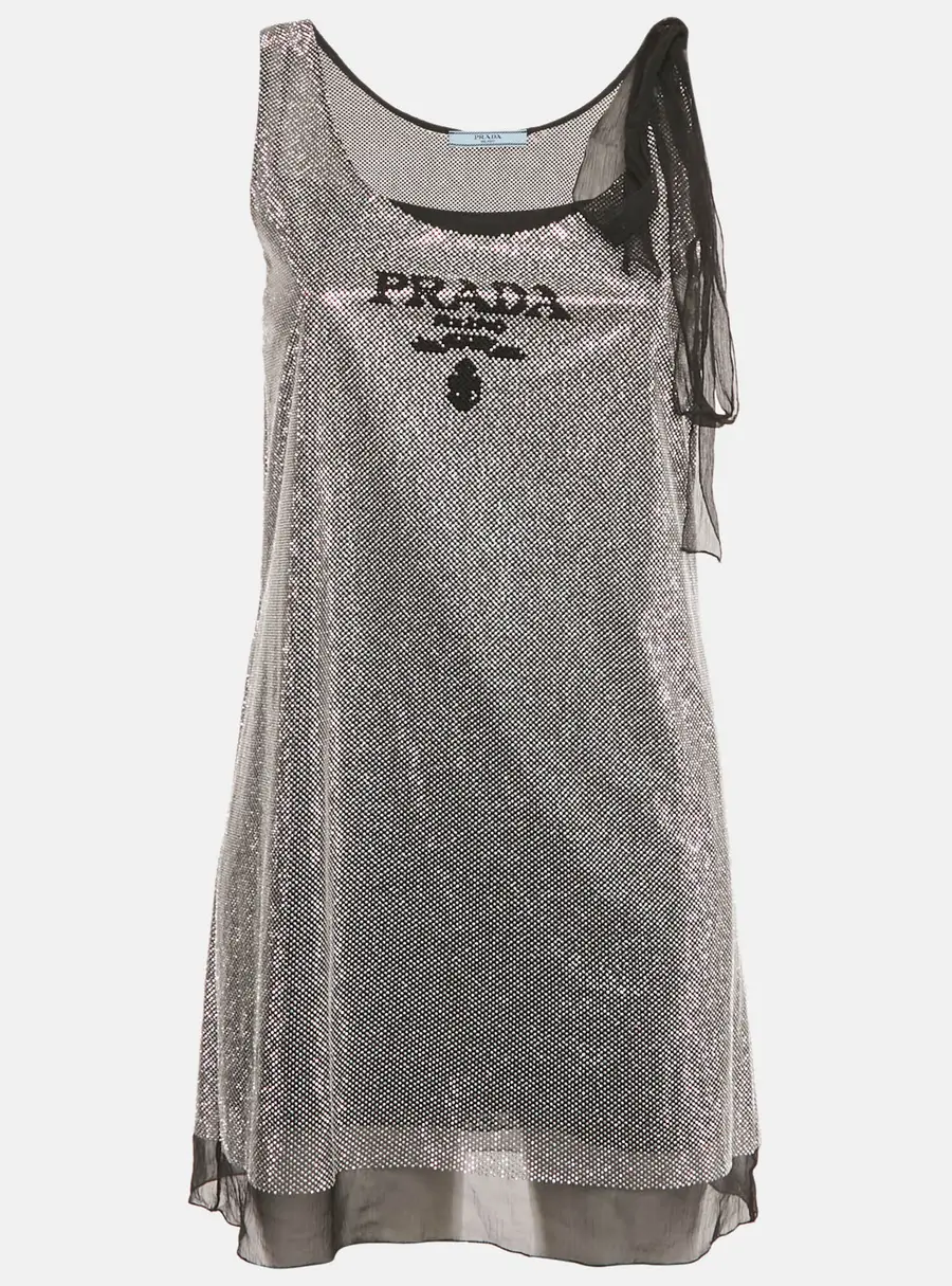 Prada Black Rhinestone Embellished Tie-Up Sleeve Mini Dress XS