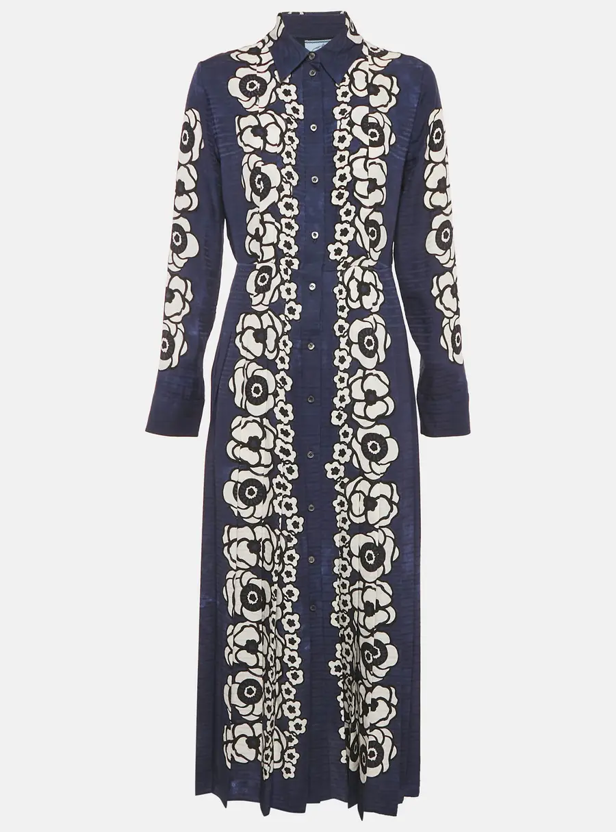 Prada Navy Blue Floral Print Satin Silk Pleated Long Dress M