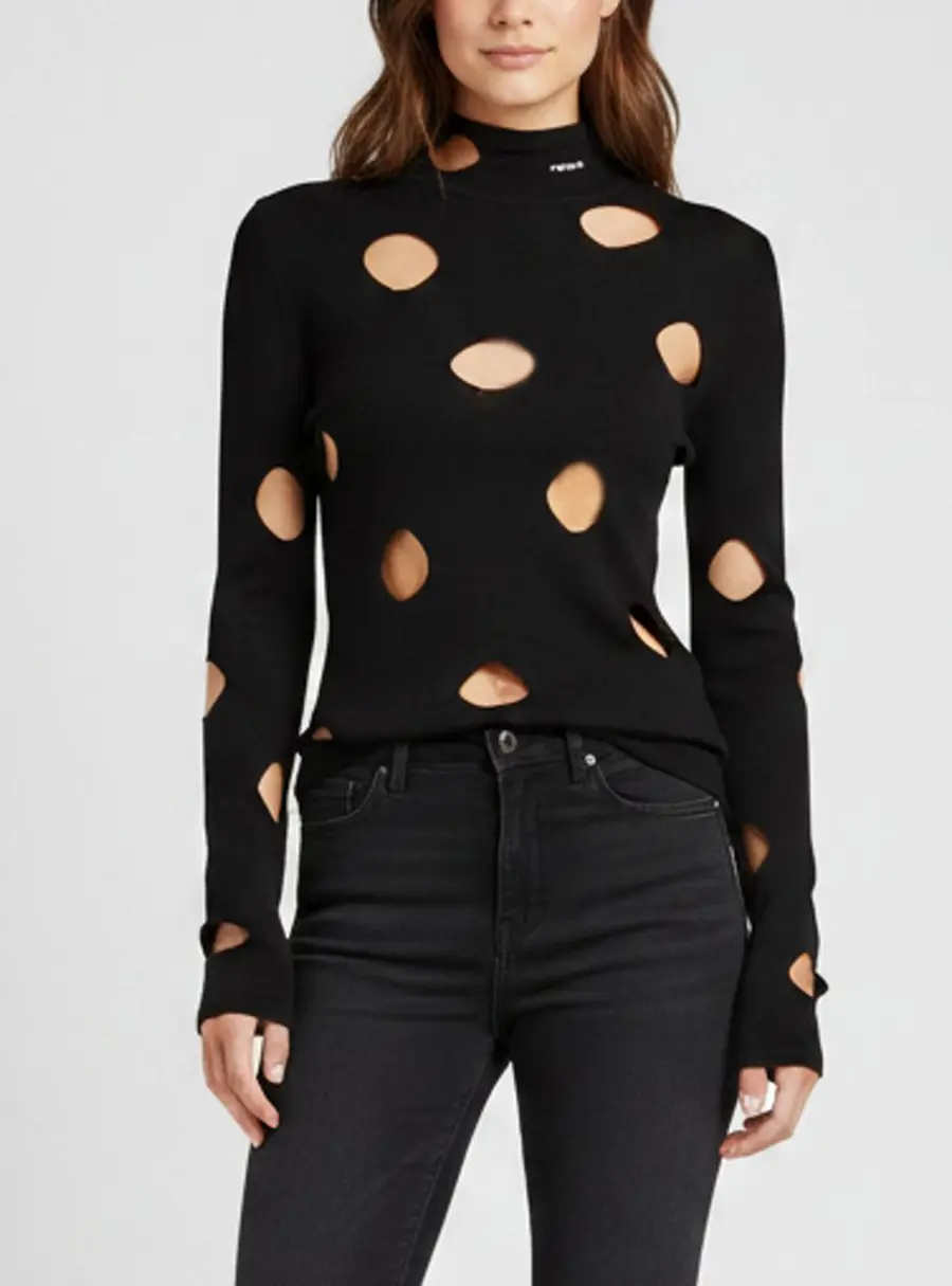 Prada Black Knit Openwork Turtleneck Top M