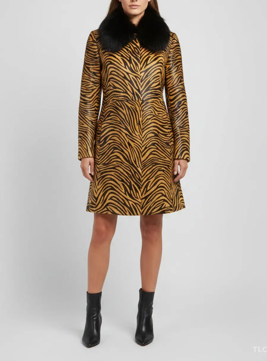 Prada Brown Tiger Print Fur Collar Mid Length Coat M