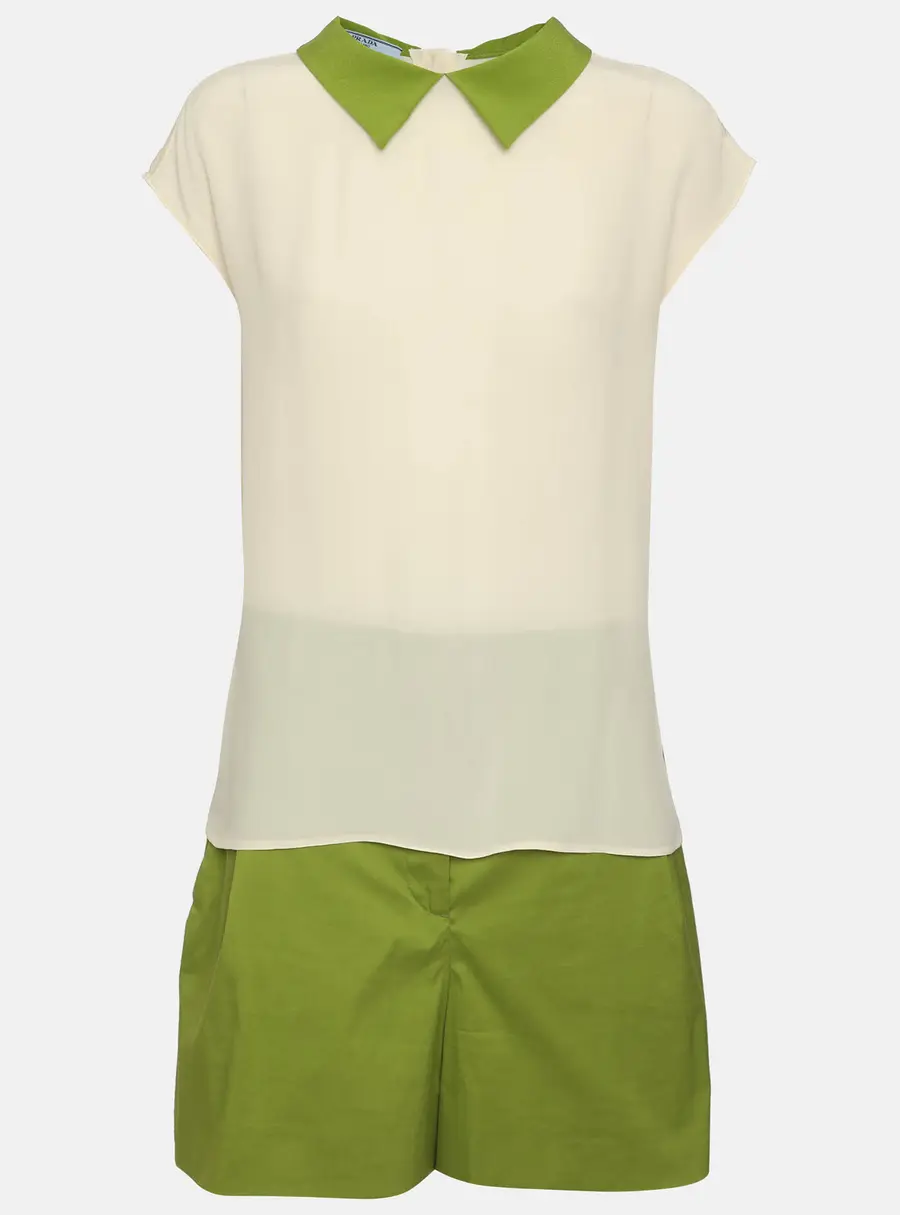 Prada Green/Light Beige Satin and Crepe Shorts and Top Set M