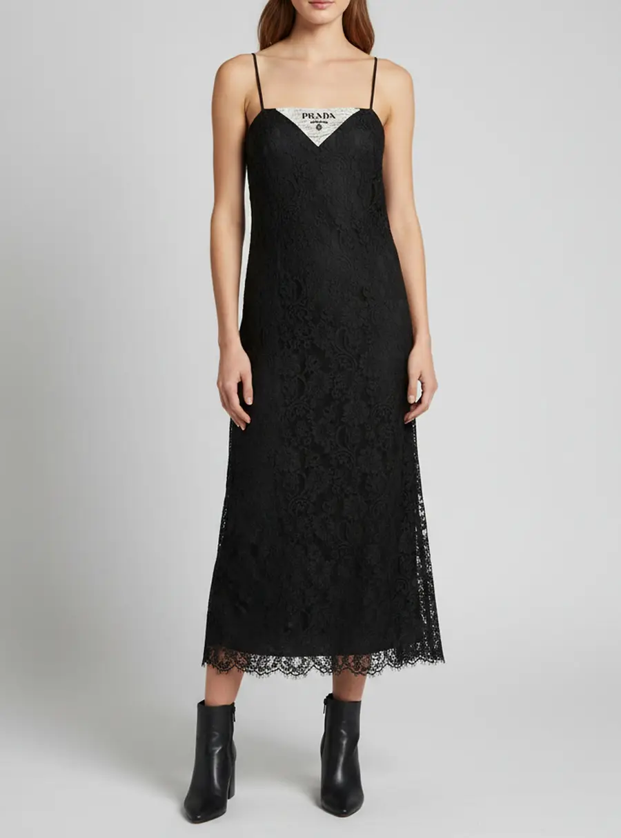 Prada Black Logo Print Floral Lace Slip Midi Dress S