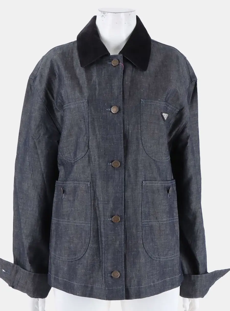 Prada Chambray Black Cotton, Linen Buttoned Collar Jacket Size S