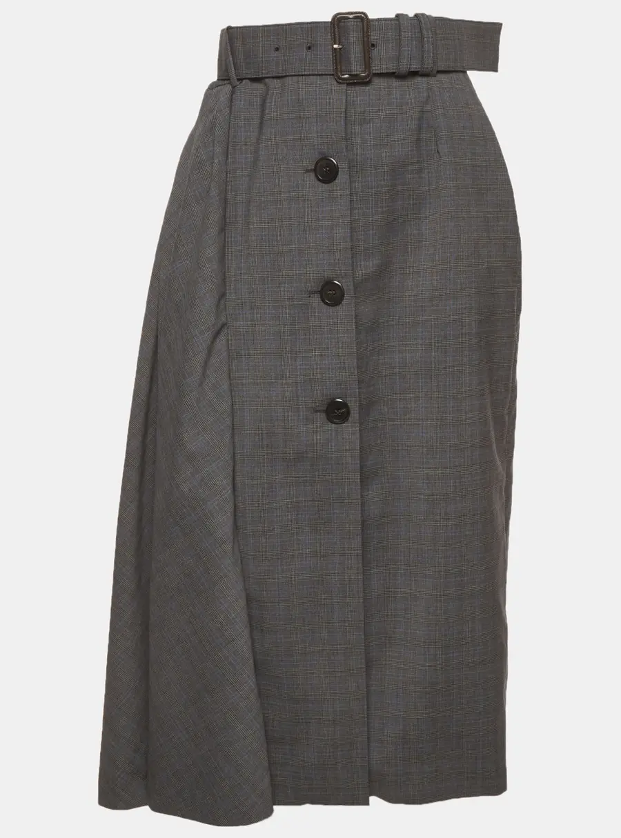 Prada Grey Checked Wool Blend Asymmetrical Midi Skirt S