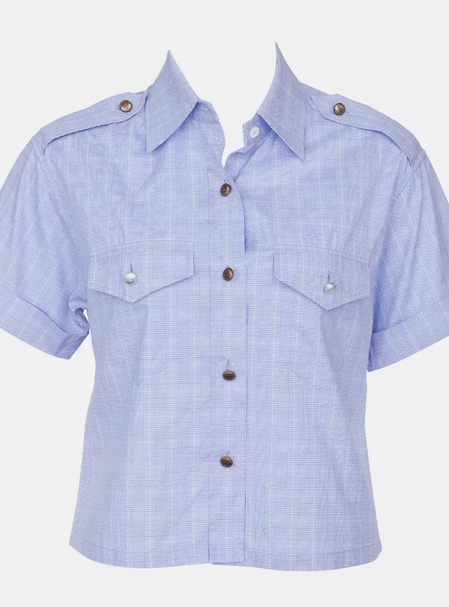 Prada Blue Cotton Checked Collared Cropped Top Size XS