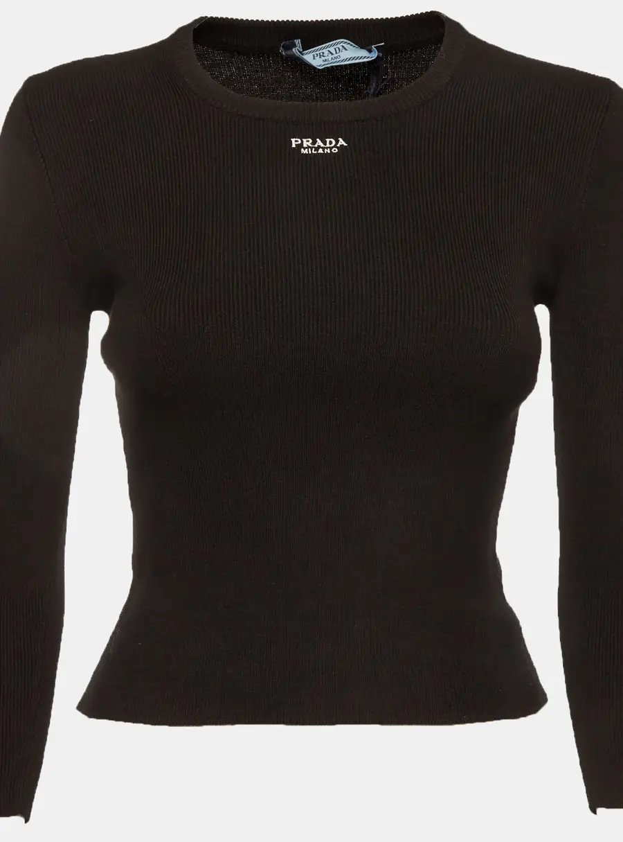 Prada Black Logo Embroidered Rib Knit Crew Neck Top S