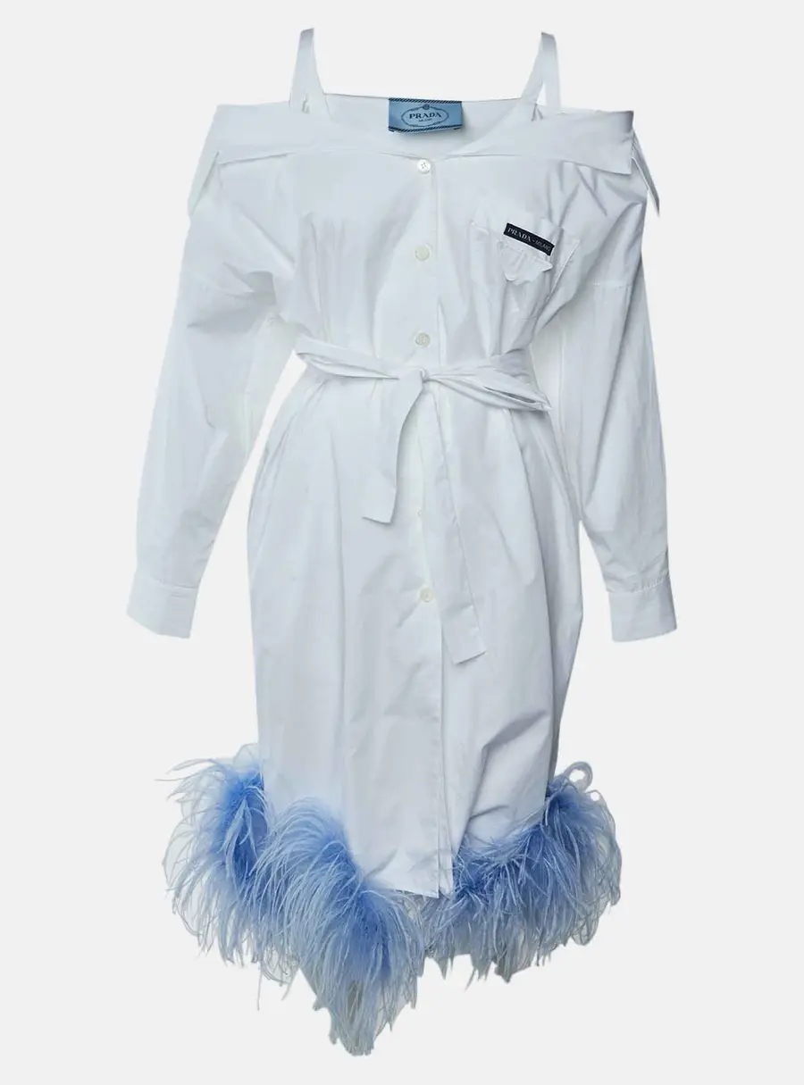 Prada White Feather Trimmed Cold Shoulder Shirt Dress S
