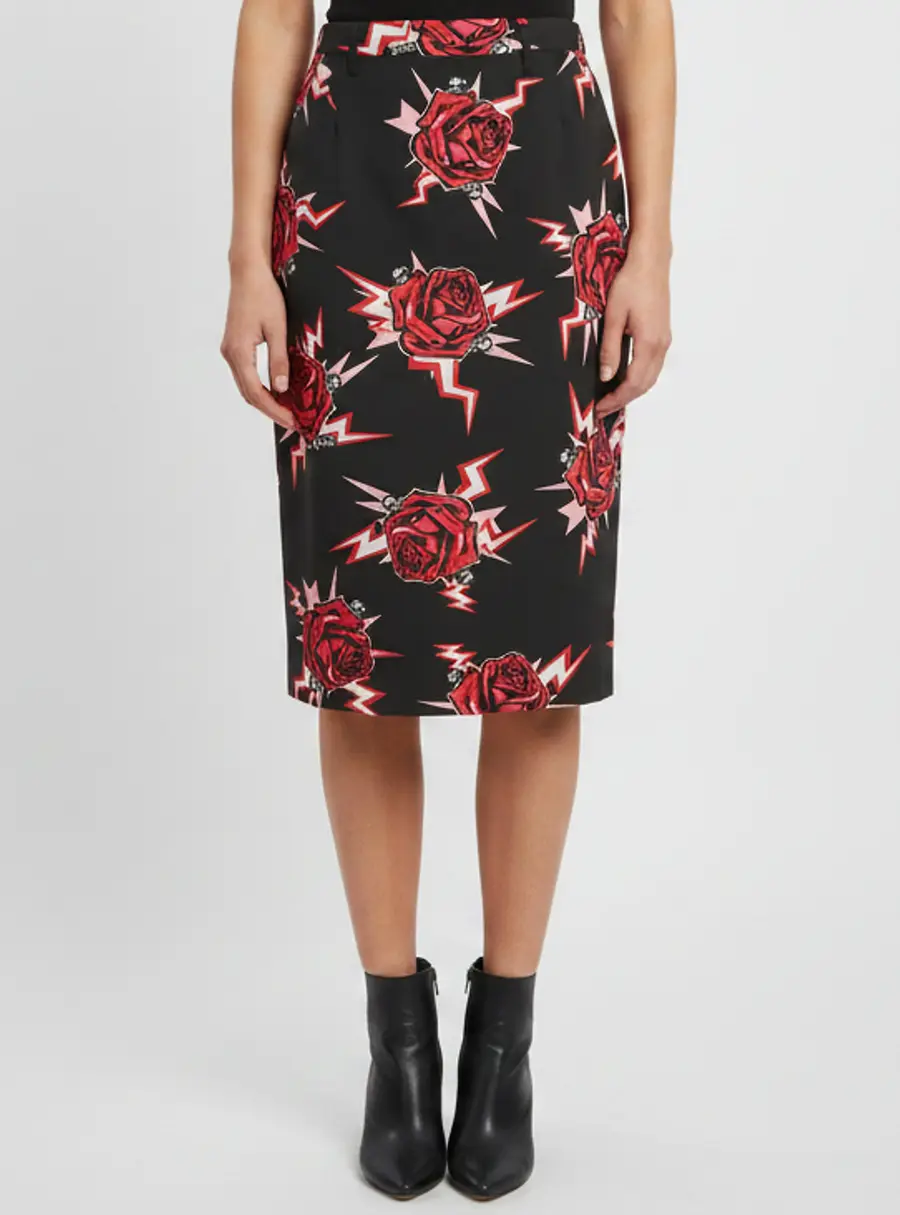 Prada Black Cotton Frankenstein Rose & Lightning Print Midi Skirt M