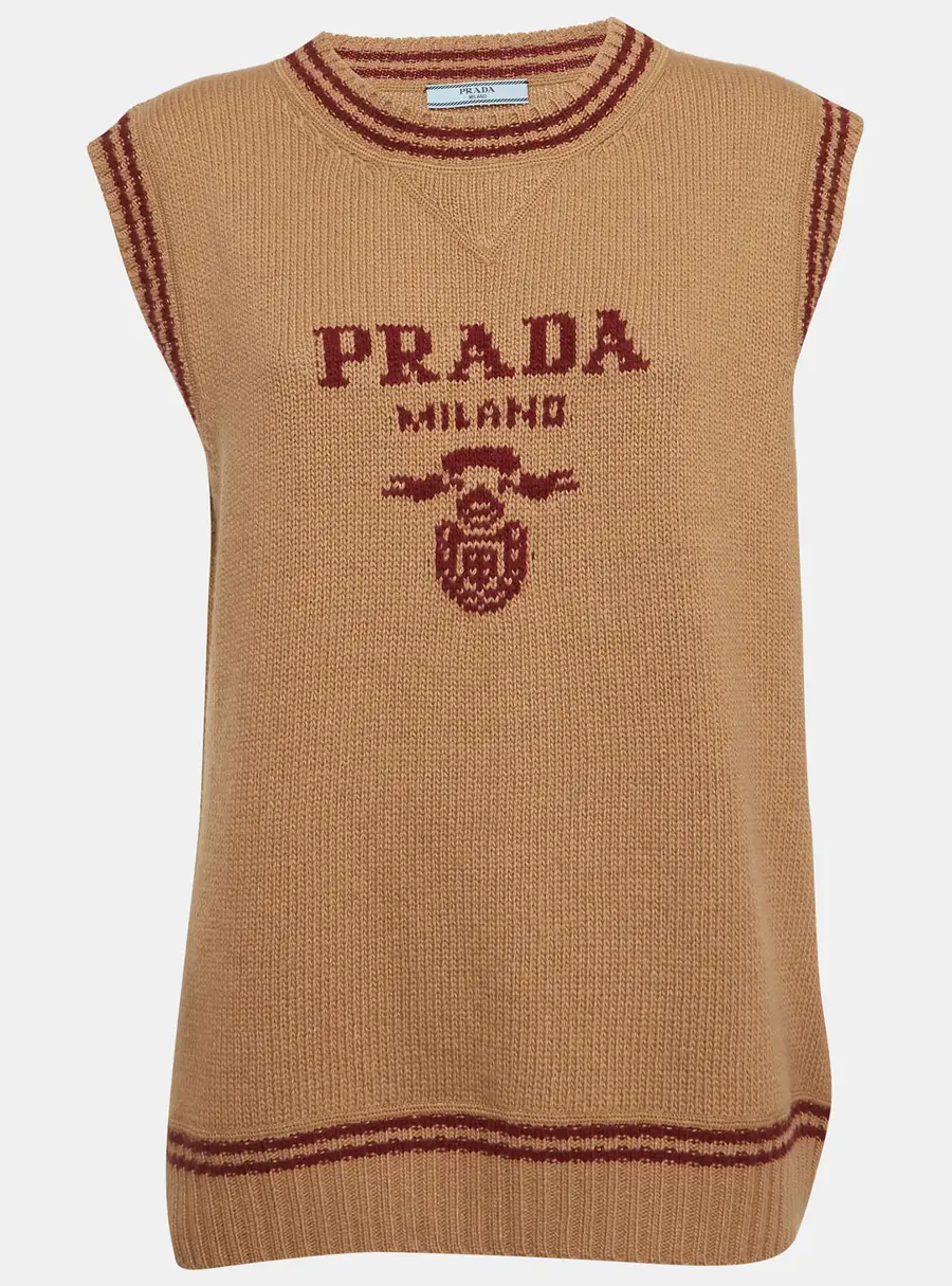 Prada Beige Logo Intarsia Rib Knit Sweater Vest M