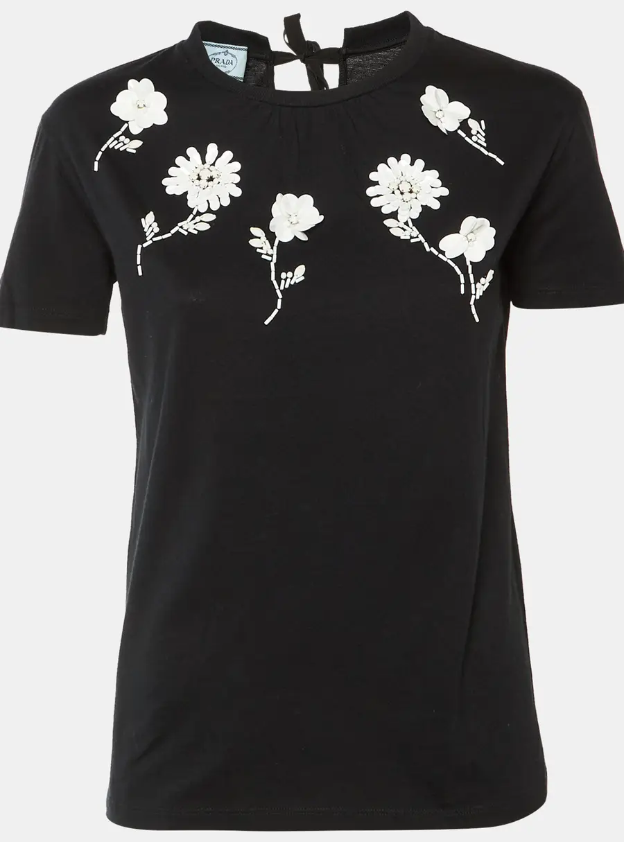 Prada Black Cotton Knit Floral Embellished Tie Detail T-Shirt XS