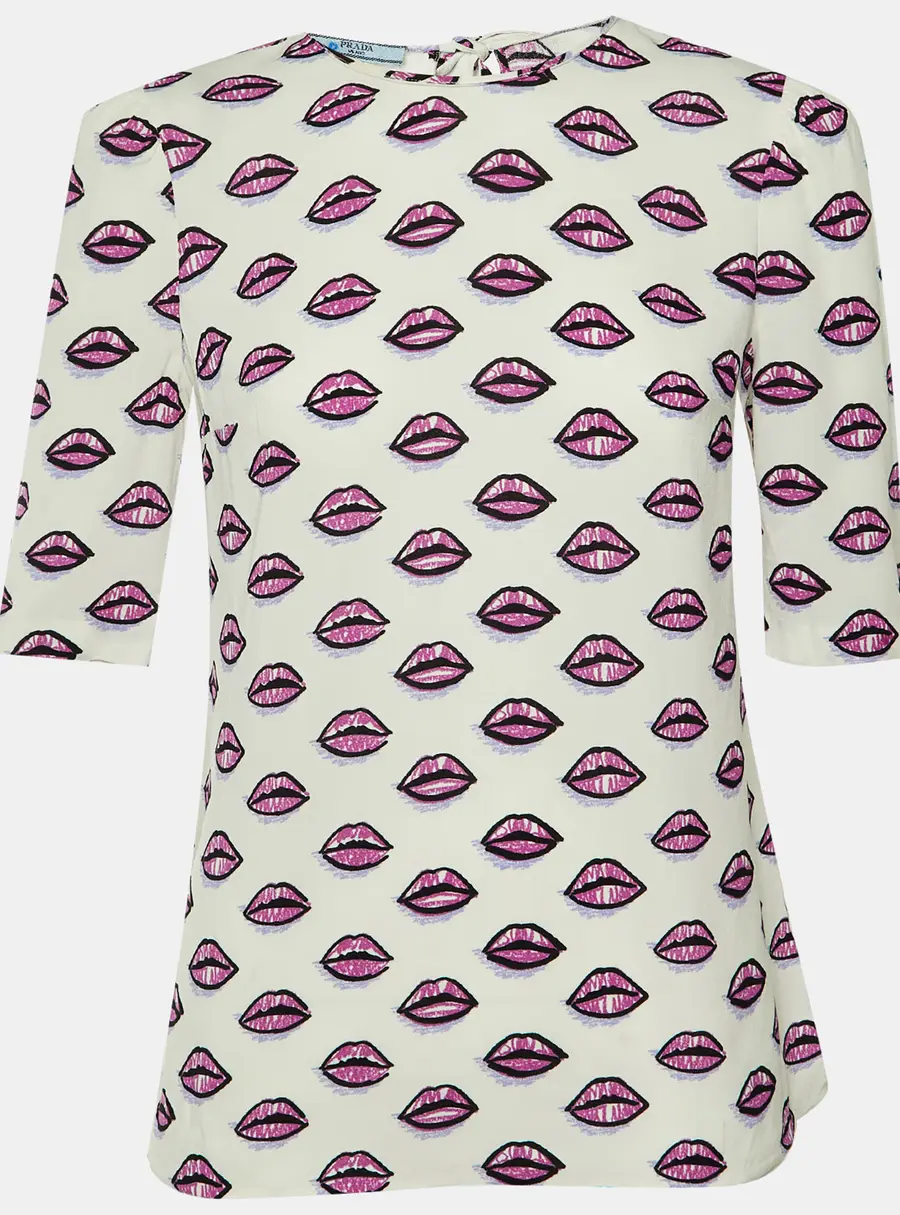 Prada White Lip Printed Crepe Top S