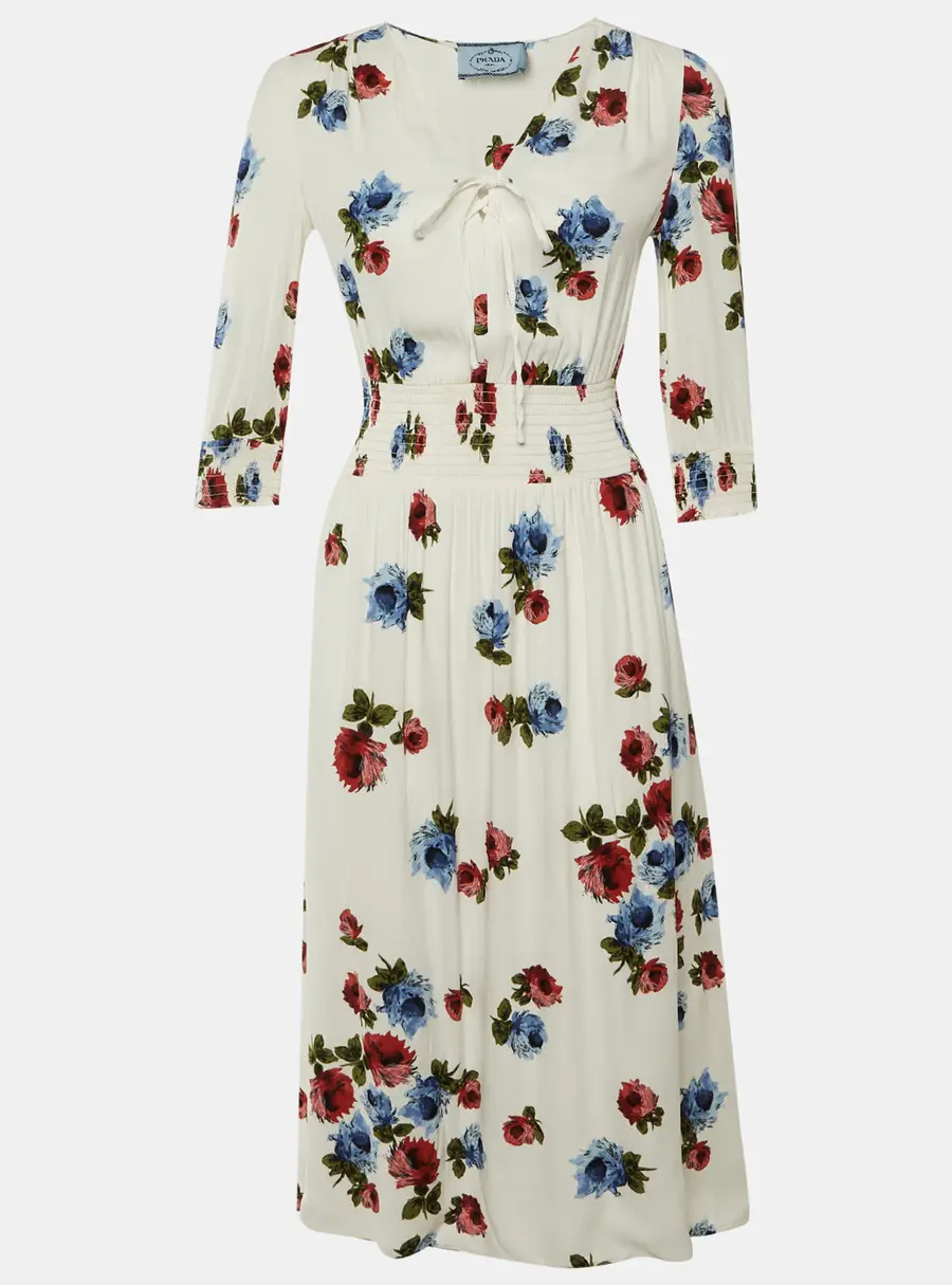 Prada White Floral Printed Crepe Midi Dress S