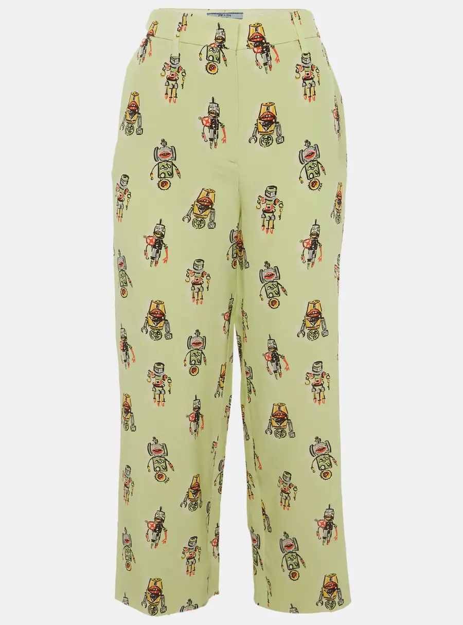 Prada Lime Green Robots Print Silk Straight Fit Pants S