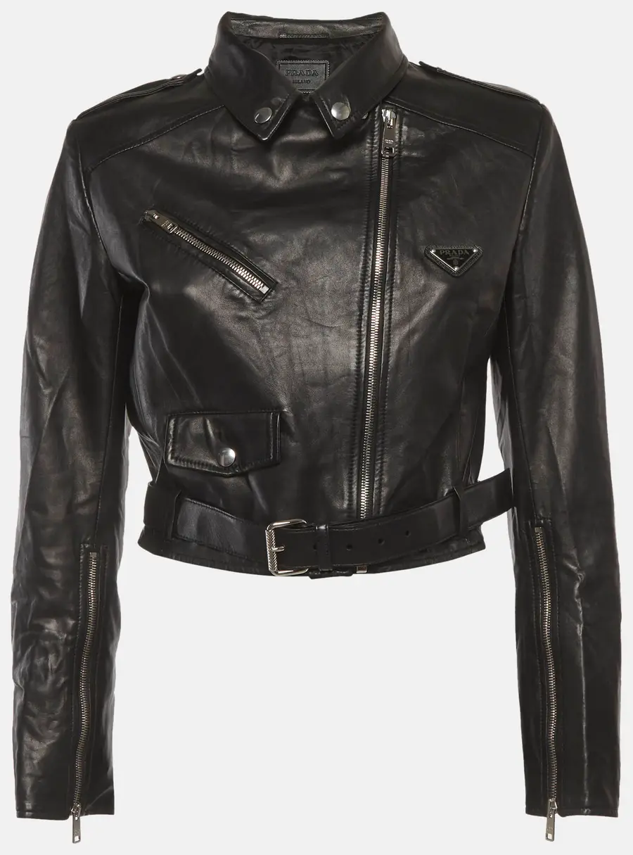Prada Black Leather Zip Up Biker Jacket M