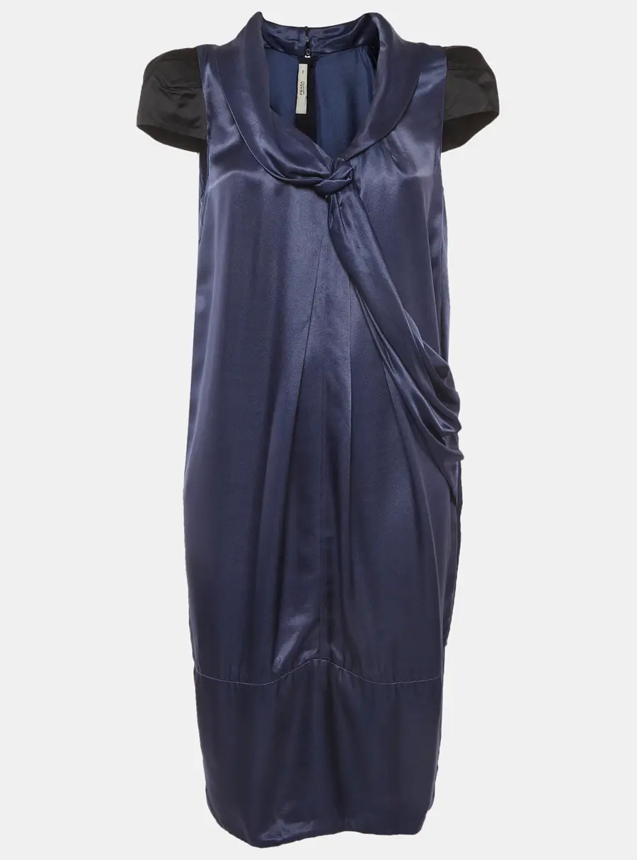 Prada Blue/Black Satin Draped Midi Dress S