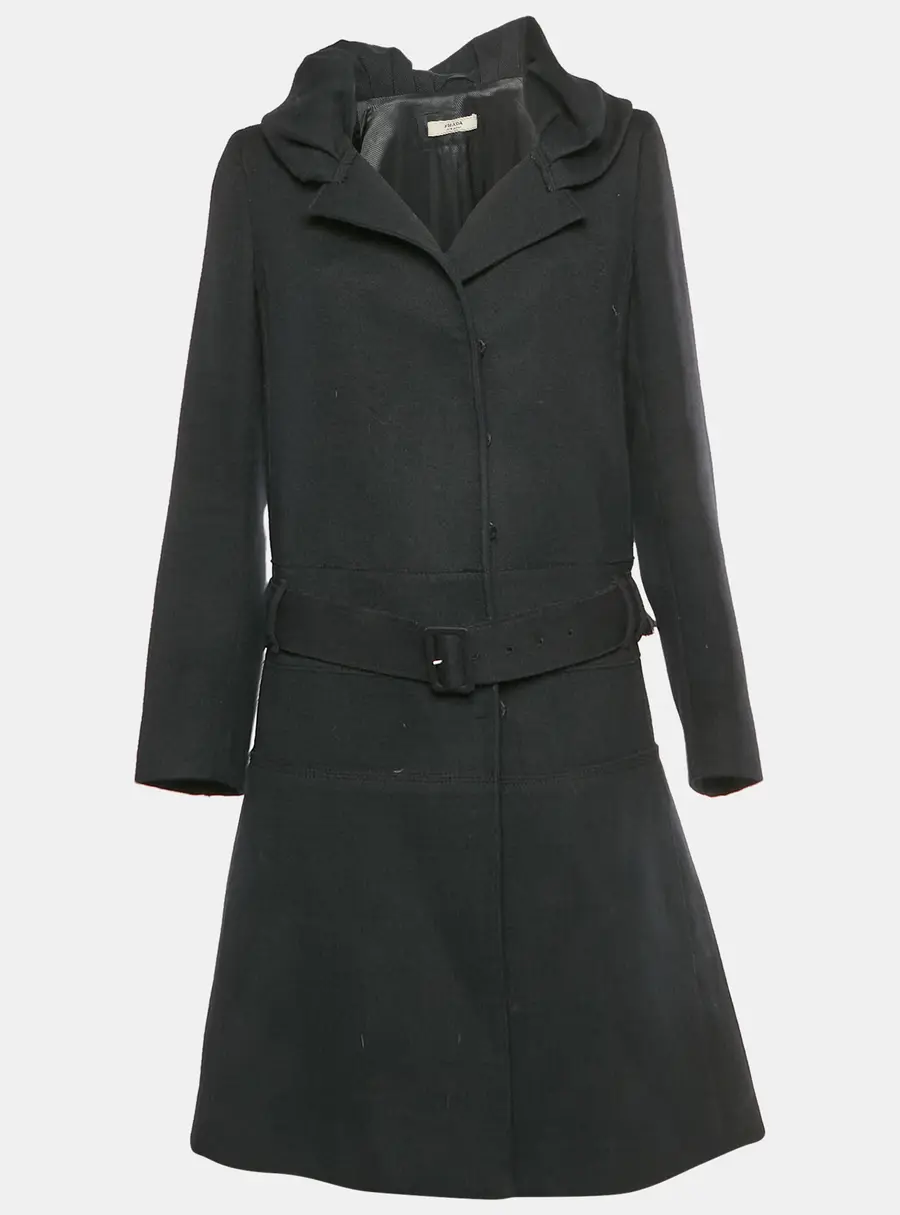 Prada Black Wool Belted Overcoat M