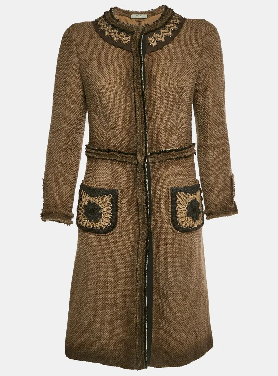 Prada Brown Wool Tweed Coat Bead Embellished Mid-Length Coat M