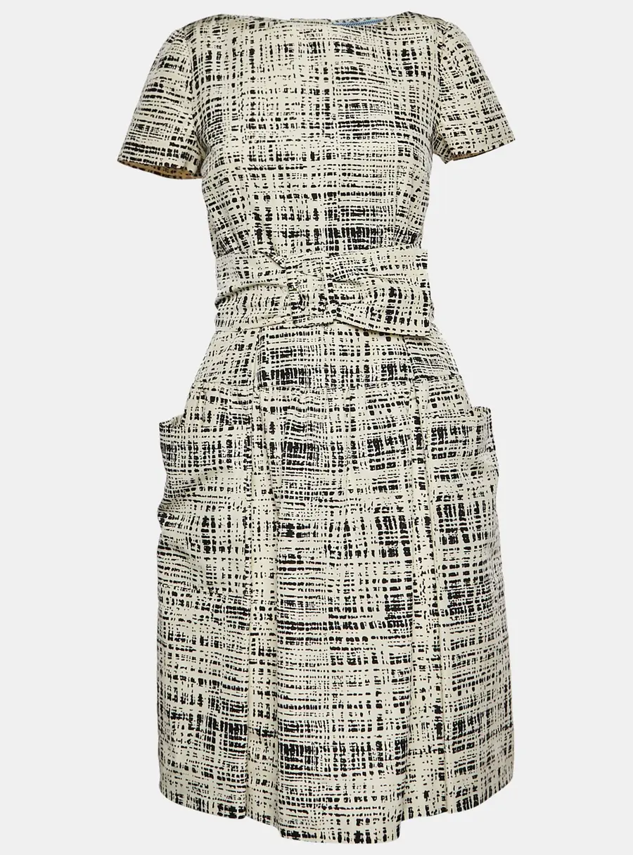 Prada Monochrome Printed Silk Short Sleeve Belted Knee Length Dress S