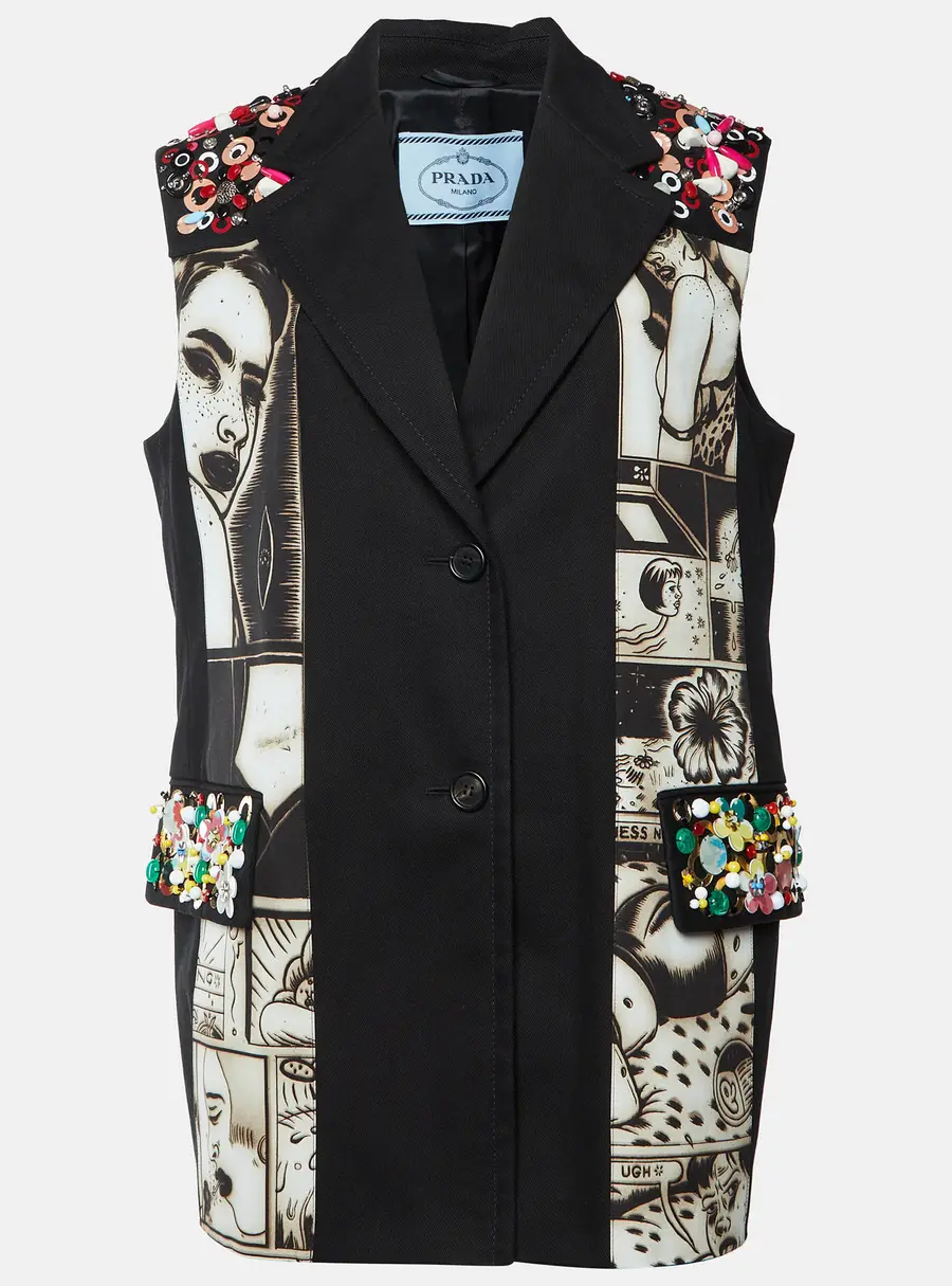 Prada Black Cotton Embellished Alice Button Front Vest M