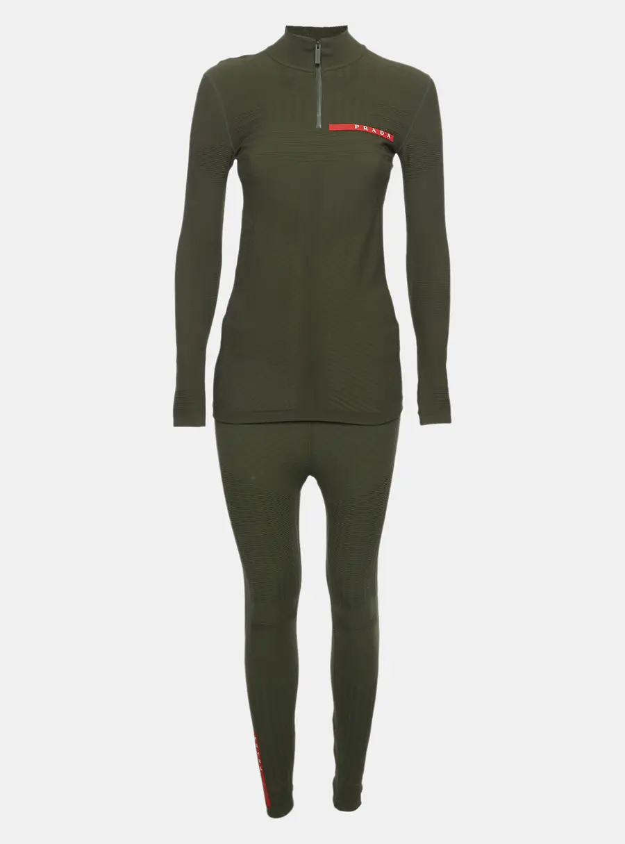 Prada Green Technical Knit Linea Rossa Quarter-Zip Top and Pants Set S