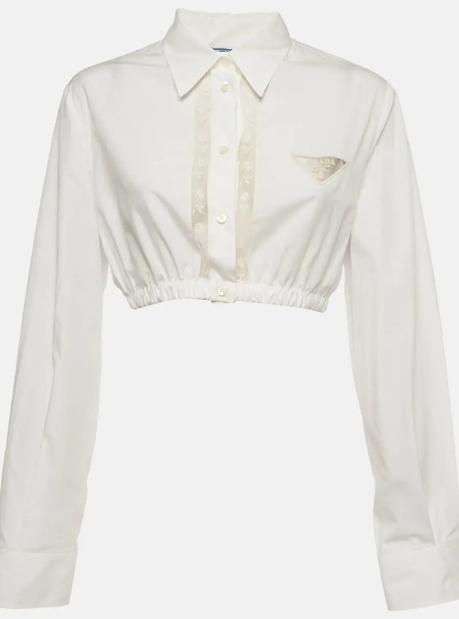 Prada White Poplin Lace Trim Button Up Crop Top L