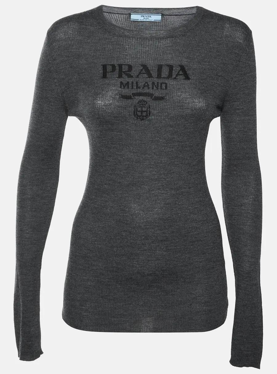 Prada Dark Grey Logo Superfine Wool Crew Neck Sweater M
