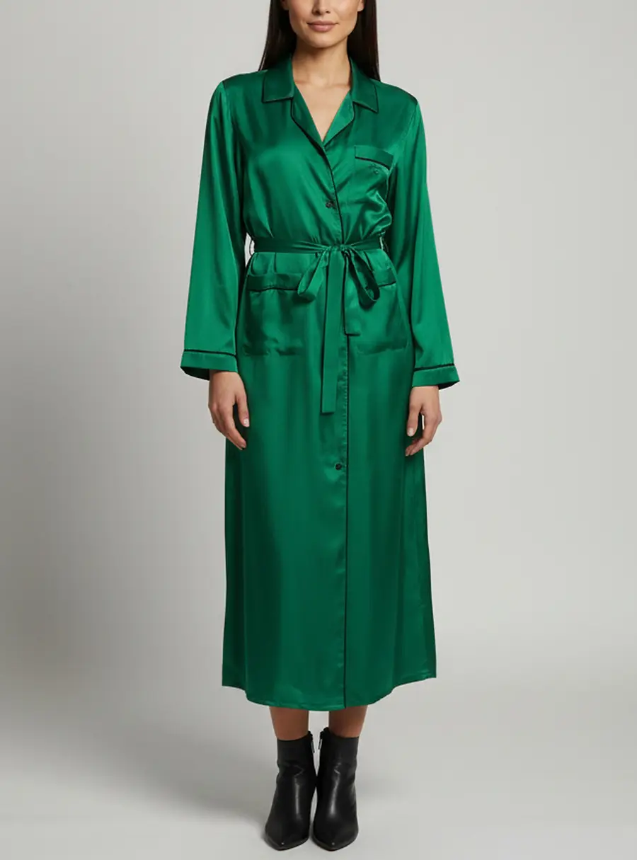 Prada Green Silk Satin Belted Pajama Maxi Shirt Dress M