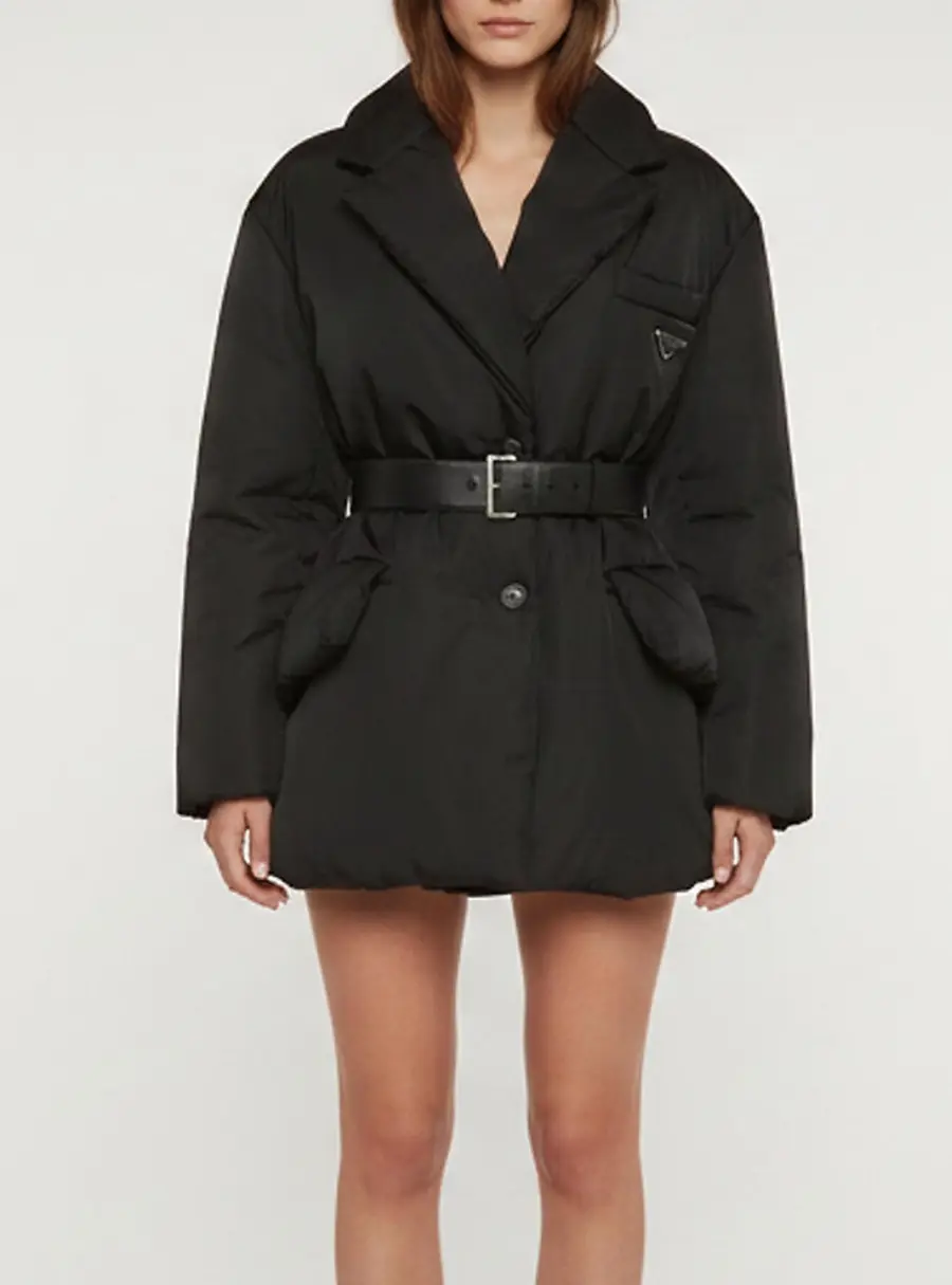 Prada Black Re-Nylon Gabardine Belted Puffer Down Jacket S