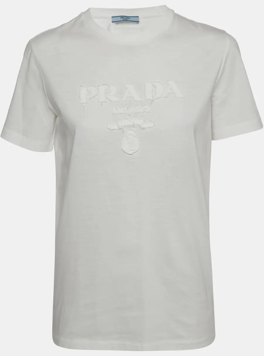 Prada White Logo Appliqué Distressed Jersey T-Shirt XS